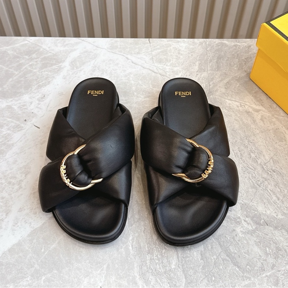 Fendi Women's Black Leather Cross-Band Slide Sandals